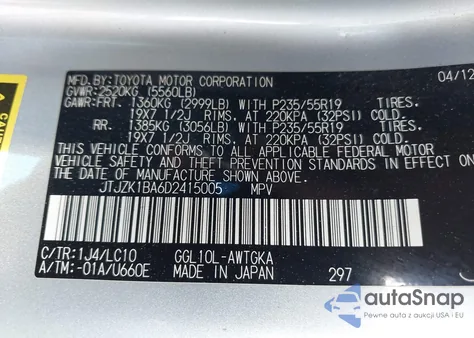 2013 Lexus Rx 350 z USA, uszkodzony, nr VIN JTJZK1BA6D2415005